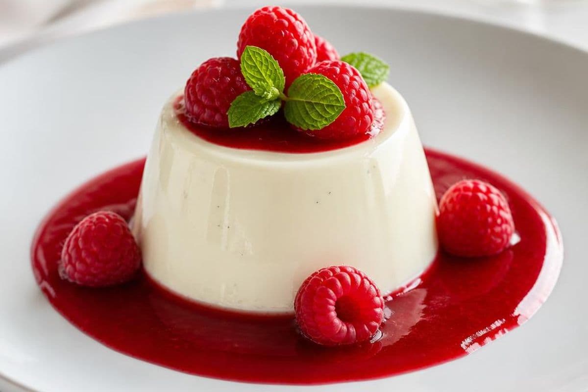 Classic Vanilla Panna Cotta with Raspberry Coulis, freshly prepared