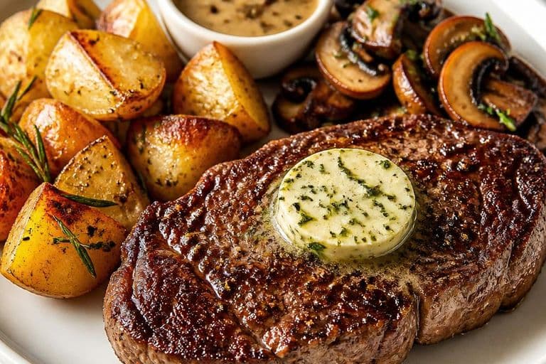 Ribeye steak dinner with rosemary roast potatoes, garlic-herb butter and peppercorn sauce