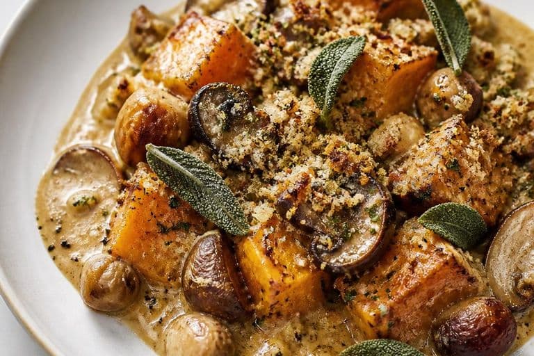 Autumn roasted squash, sweet chestnut & chestnut mushroom gratin