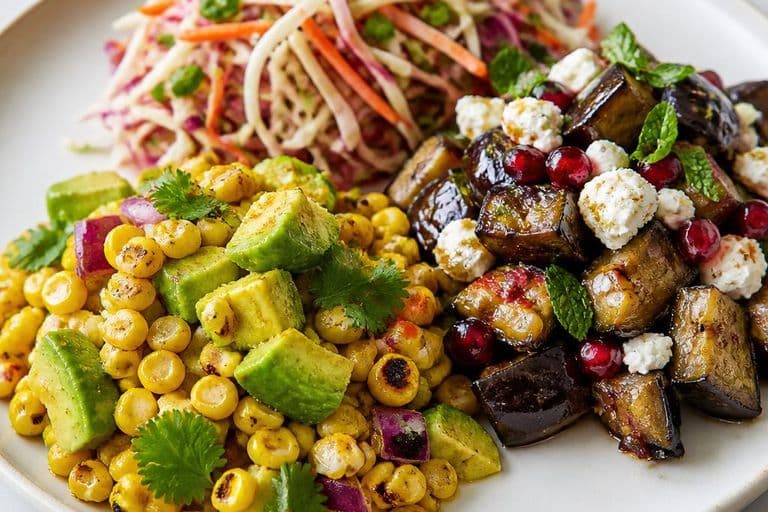 Three BBQ Side Salads: Charred Corn, Warm Aubergine & Crunchy Slaw