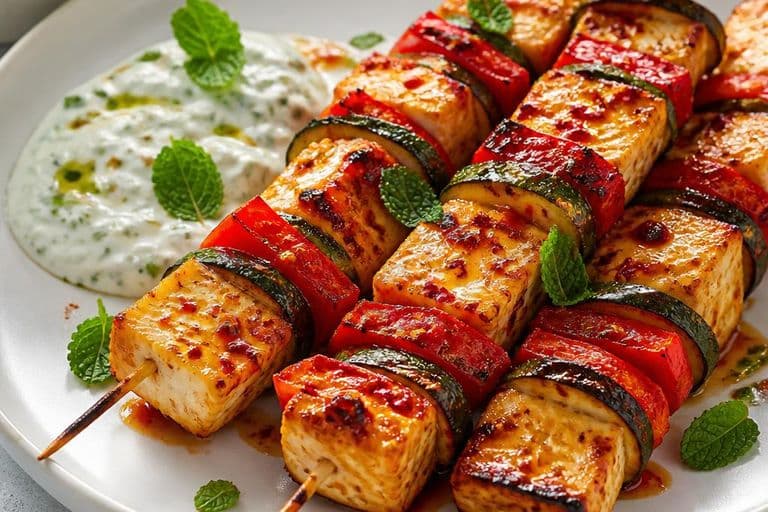 Halloumi, courgette and red pepper skewers with chilli‑honey glaze