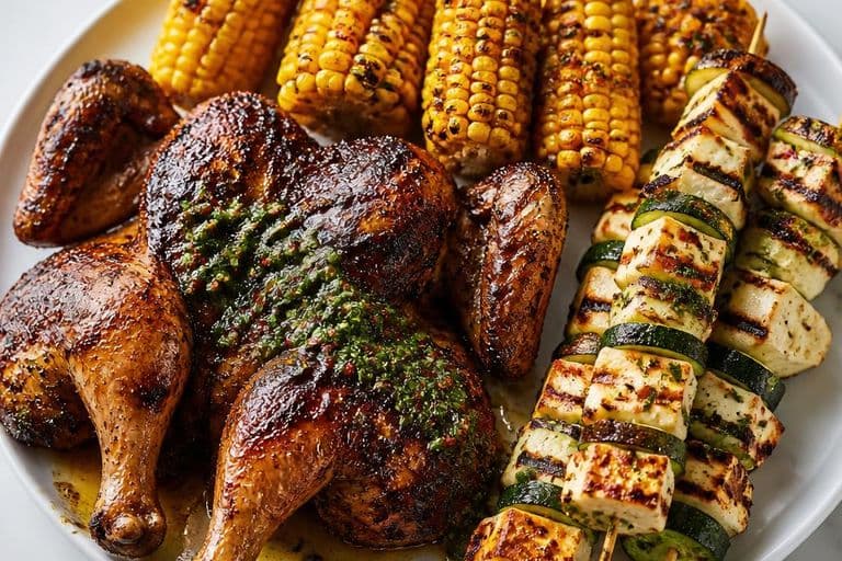 August Bank Holiday BBQ platter: spatchcock chicken, halloumi skewers & charred corn