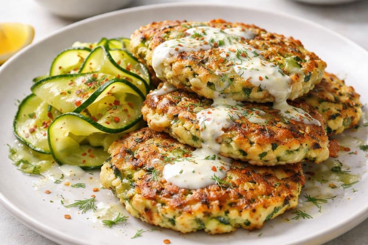 Courgette fritters with lemony yoghurt & quick pickles – featured image