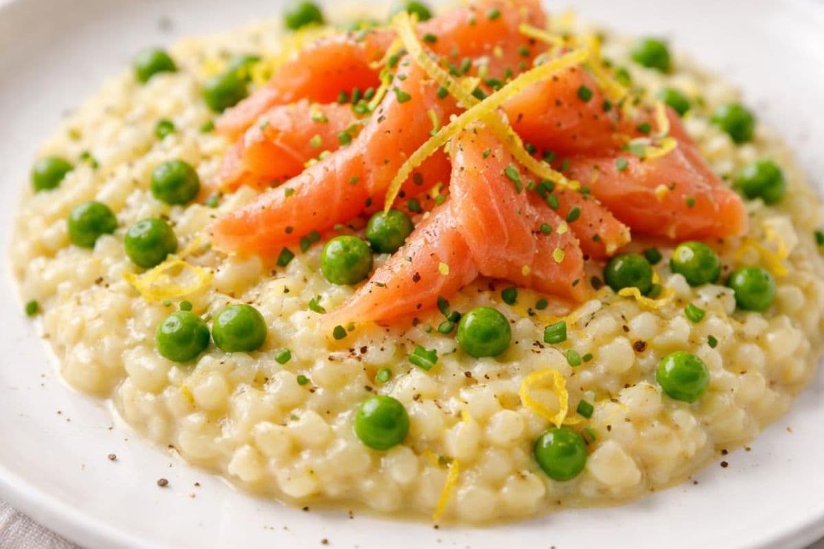 Smoked salmon, lemon zest and petit pois risotto – featured image