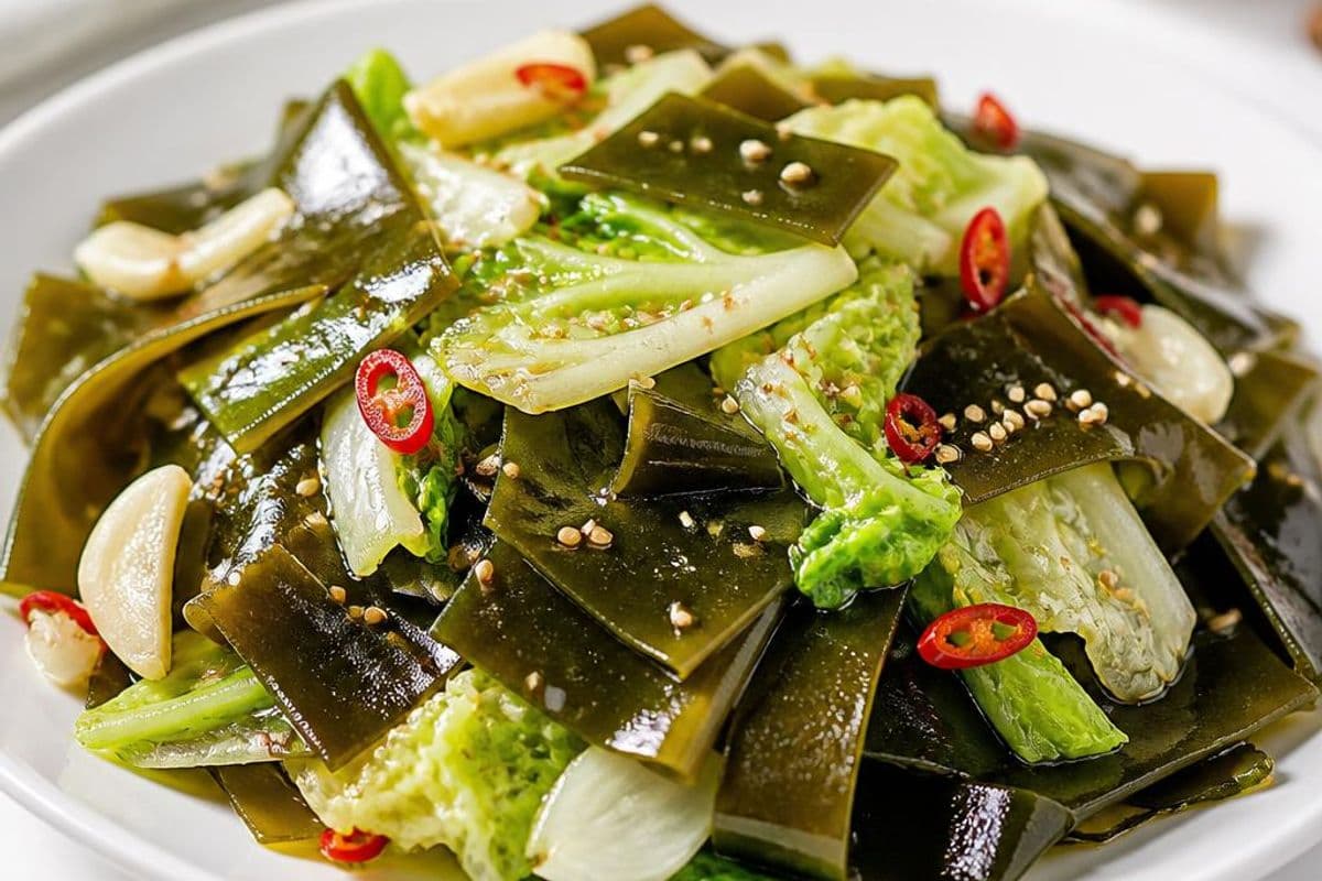 Stir-fried Chinese kelp ribbons with Chinese cabbage and garlic – featured image