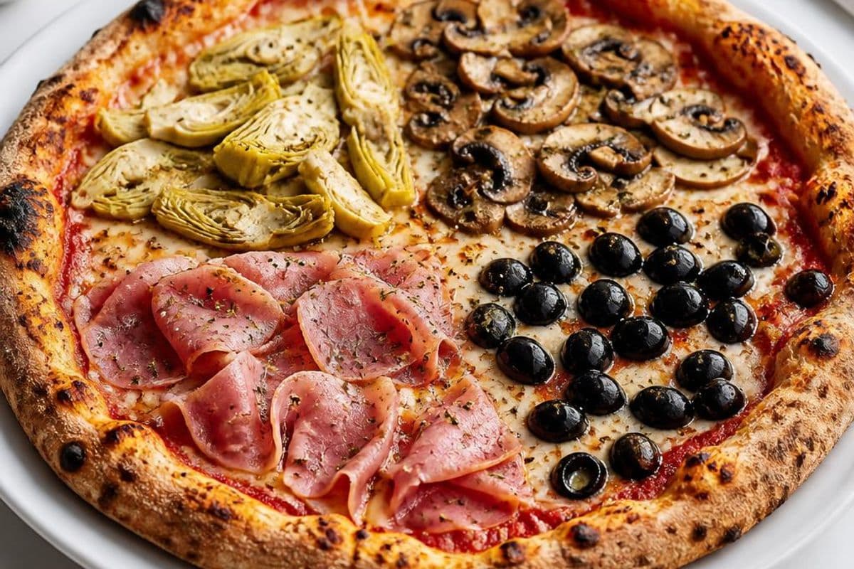 Pizza Quattro Stagioni (Four Seasons Pizza), freshly prepared