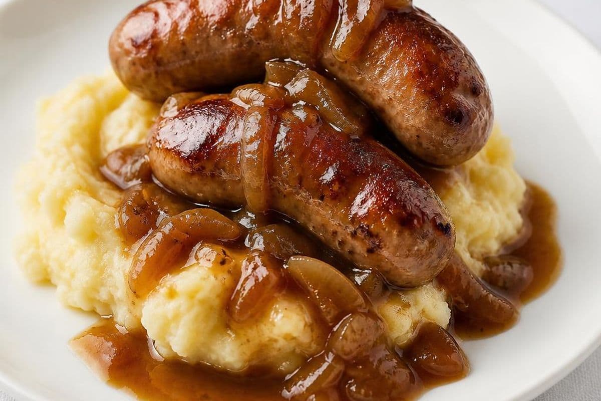Classic Bangers and Mash with Onion Gravy, freshly prepared