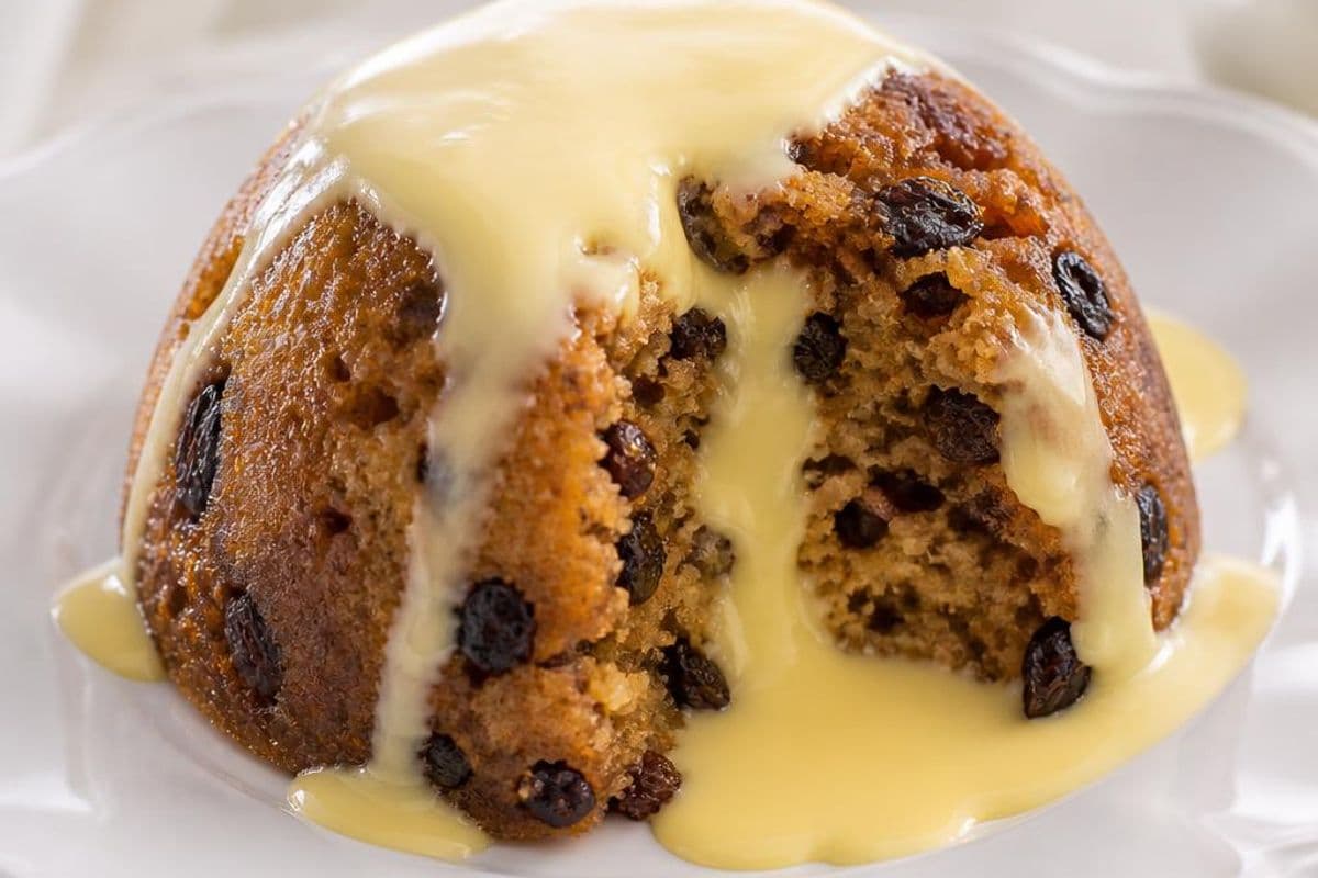 Traditional Spotted Dick (steamed suet pudding), freshly prepared