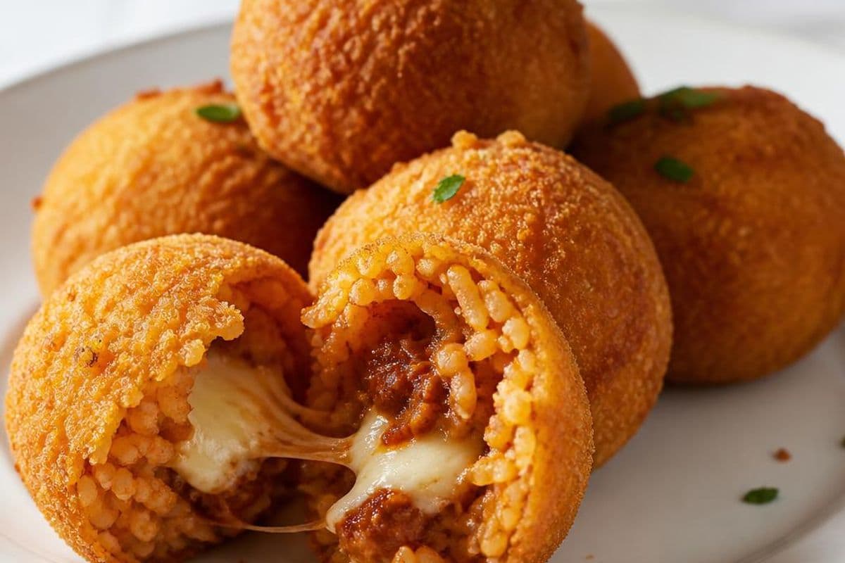 Classic Sicilian Arancini al Ragù (Fried Rice Balls with Mozzarella), freshly prepared