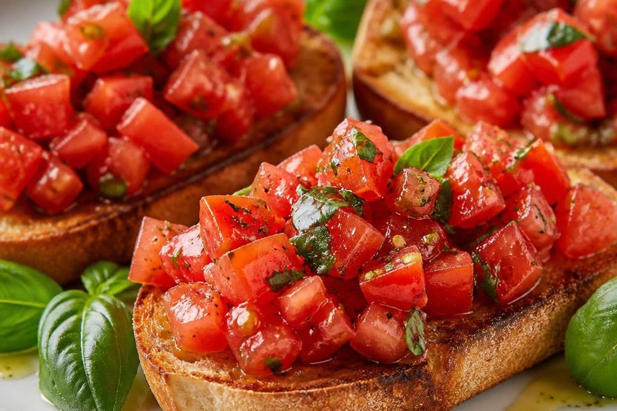 Classic Italian Tomato Bruschetta (Bruschetta al Pomodoro), freshly prepared