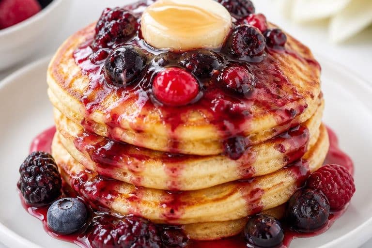 Lemon ricotta pancakes with berry compote and maple butter