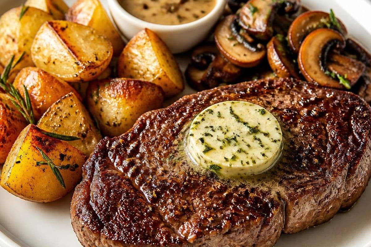 Ribeye steak dinner with rosemary roast potatoes, garlic-herb butter and peppercorn sauce – featured image