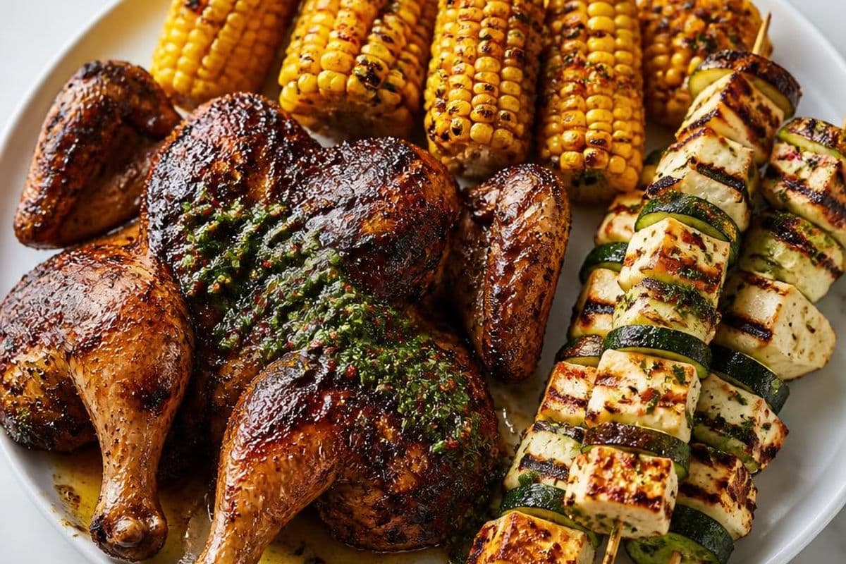 August Bank Holiday BBQ platter: spatchcock chicken, halloumi skewers & charred corn – featured image