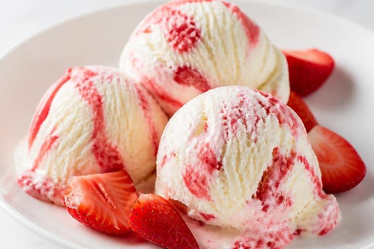Vanilla ice cream with strawberry ripple