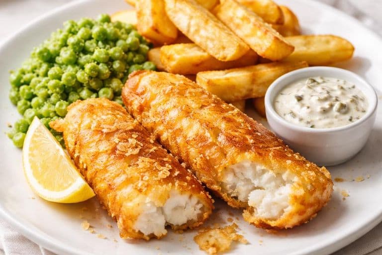 Beer-battered cod with twice-cooked chips, minted peas and tartare sauce
