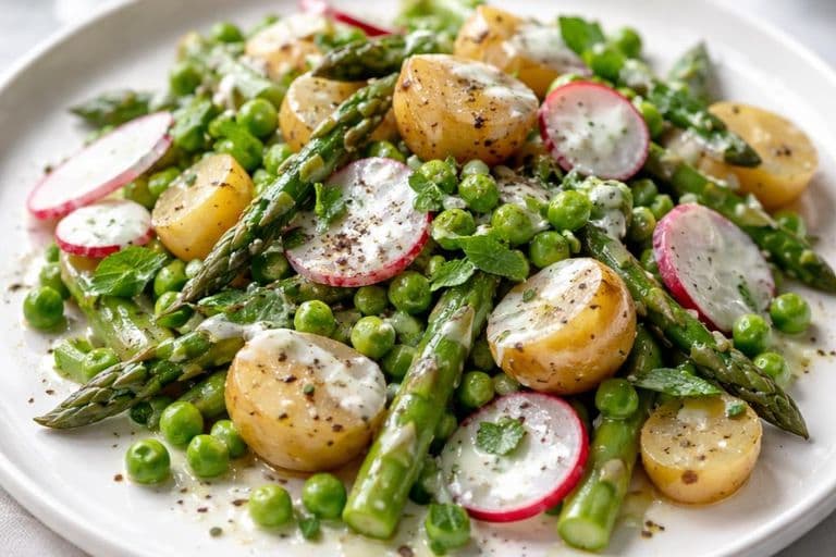 Warm new potato, asparagus & pea salad with minty yoghurt dressing