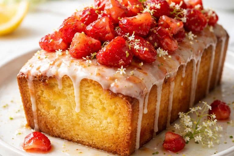 Elderflower, Lemon and Strawberry Drizzle Cake