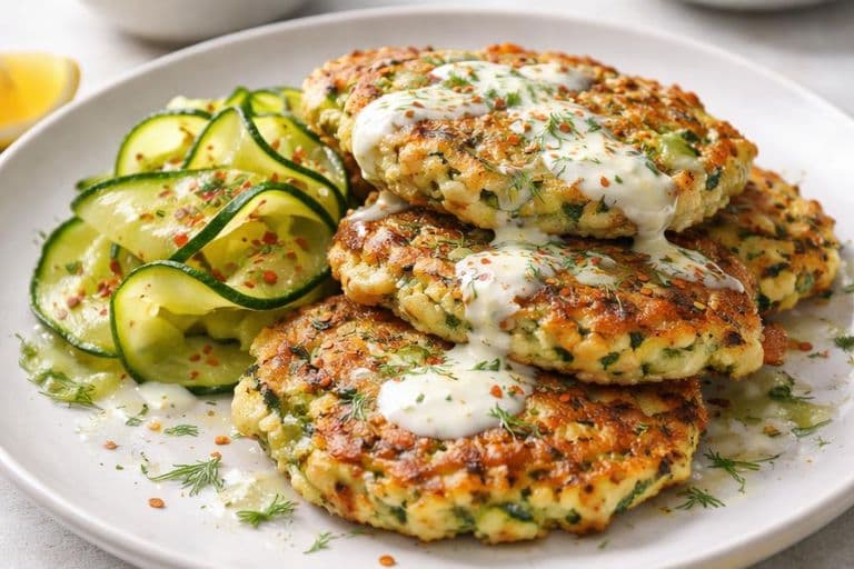 Courgette fritters with lemony yoghurt & quick pickles