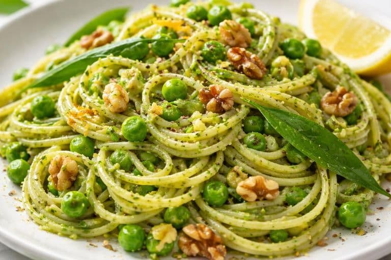 Wild garlic pesto pasta with peas, lemon and toasted walnuts – featured image